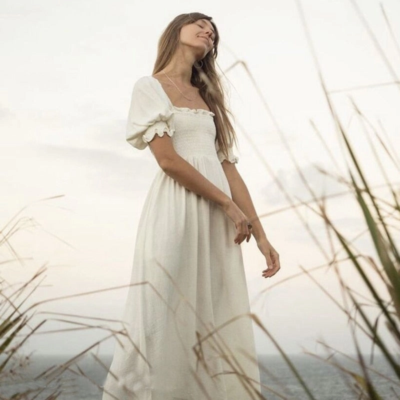 Boho Midi Dress White Puff Sleeves Smocked Bust Square Neck Breezy Cotton Casual Beach Cover Up Side Slits Available In Small Medium Or Large Midi Dress Boutique