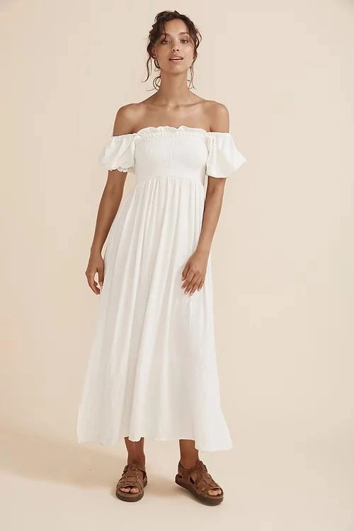 Dreamy Date Surplice Midi Dress Boho Midi Dress White Puff Sleeves Smocked Bust Square Neck Breezy Cotton Casual Beach Cover Up Side Slits Available In Small Medium Or Large