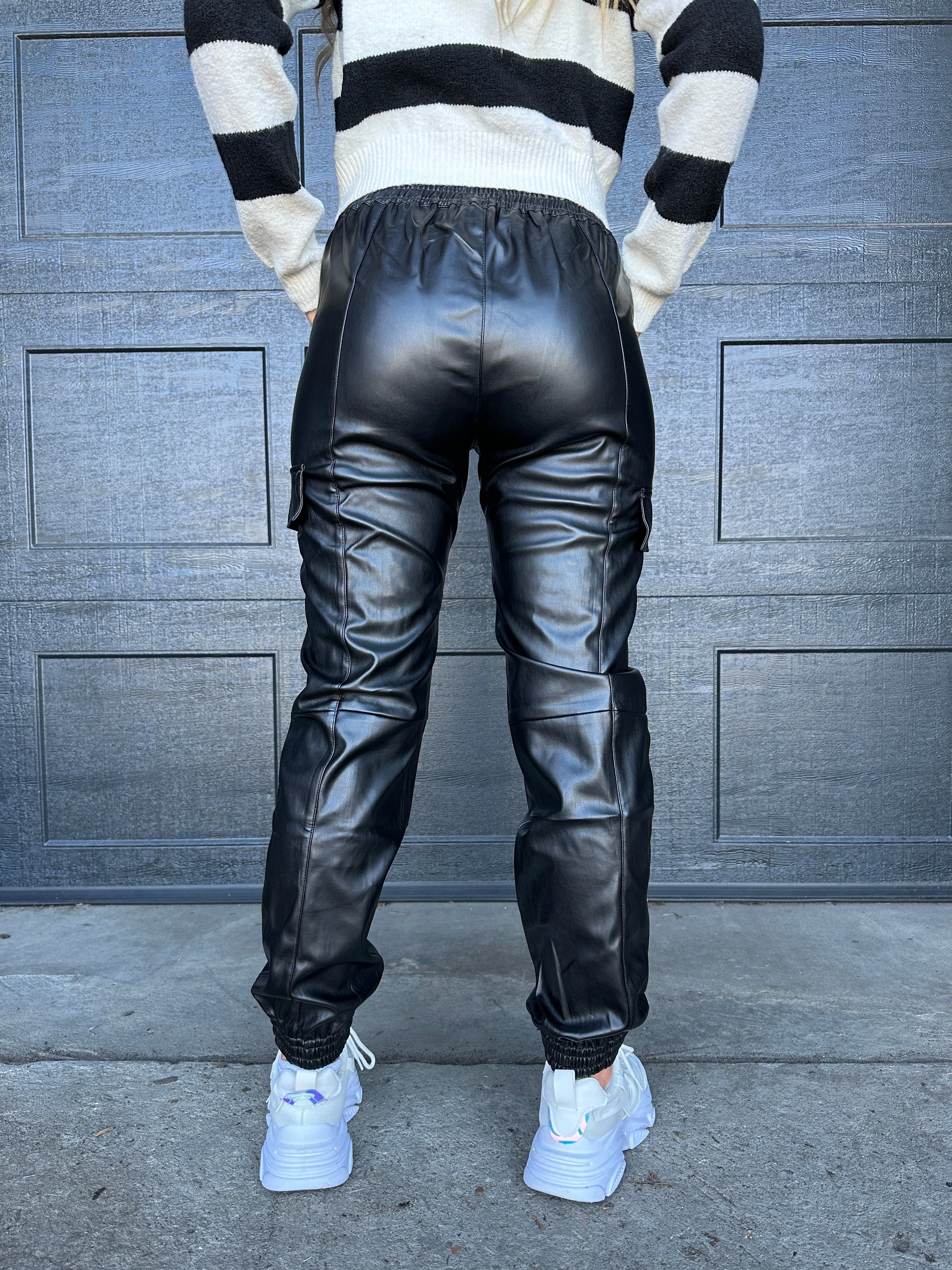 Into You Leather Cargo Joggers Black Straight Leg Cotton Cargo Pants