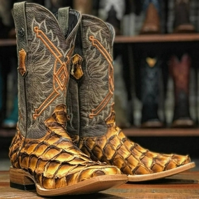 Men's Genuine Monster Leather Fish Square Toe Boots Brandy Floral Boots