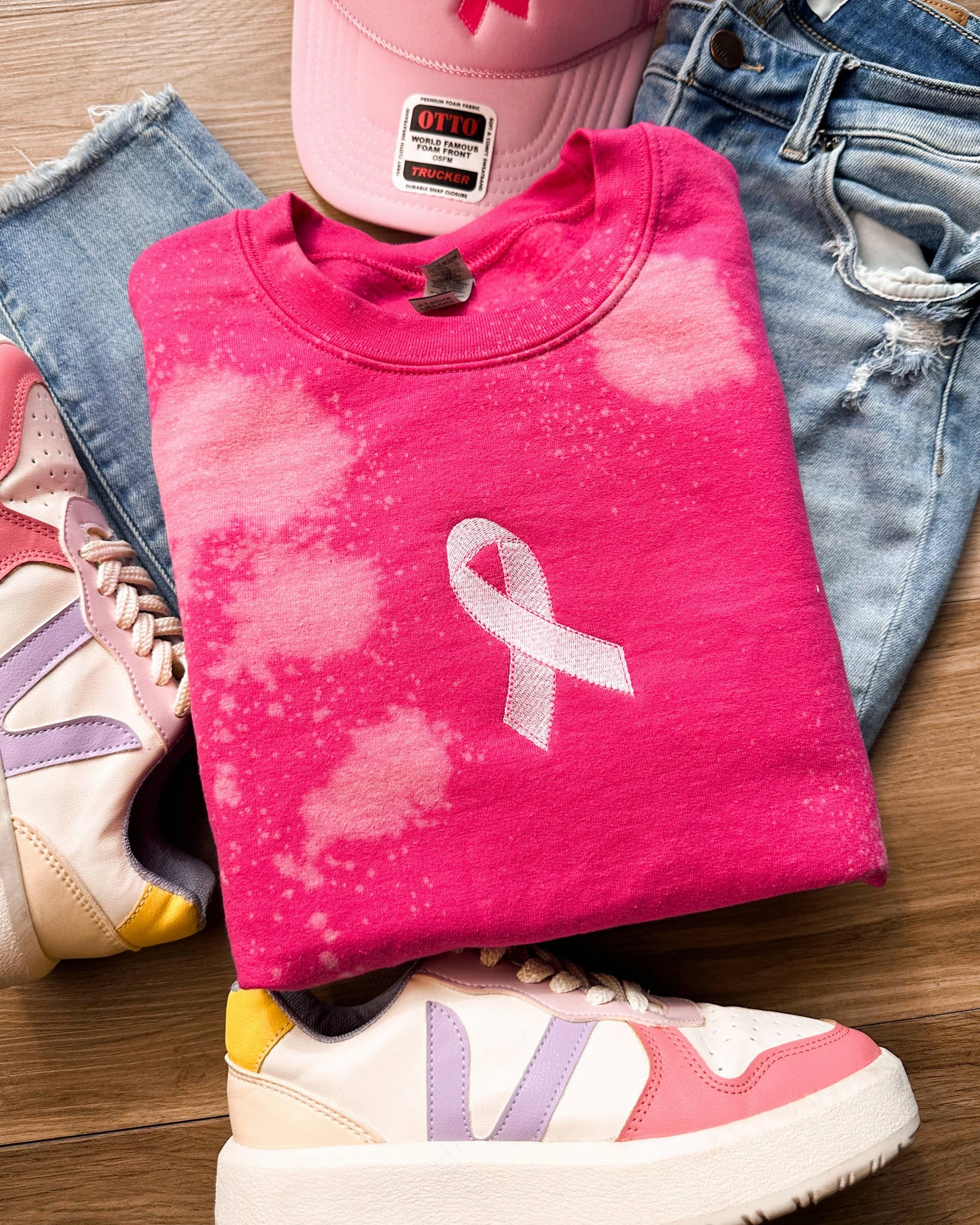 Breast Cancer Ribbon Bleached Sweatshirt Fashionable Sweatshirts