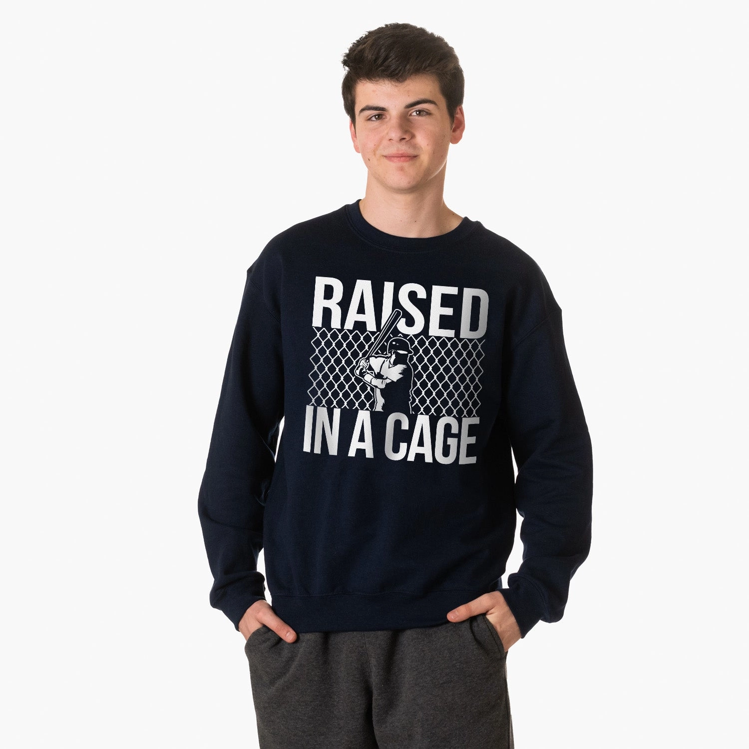 100 Cotton Sweatshirts Made In Usa Baseball Crewneck Sweatshirt - Raised in a Cage