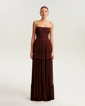 Traditional Dress Honduras Chocolate spaghetti strap pleated maxi dress, Garden of Eden