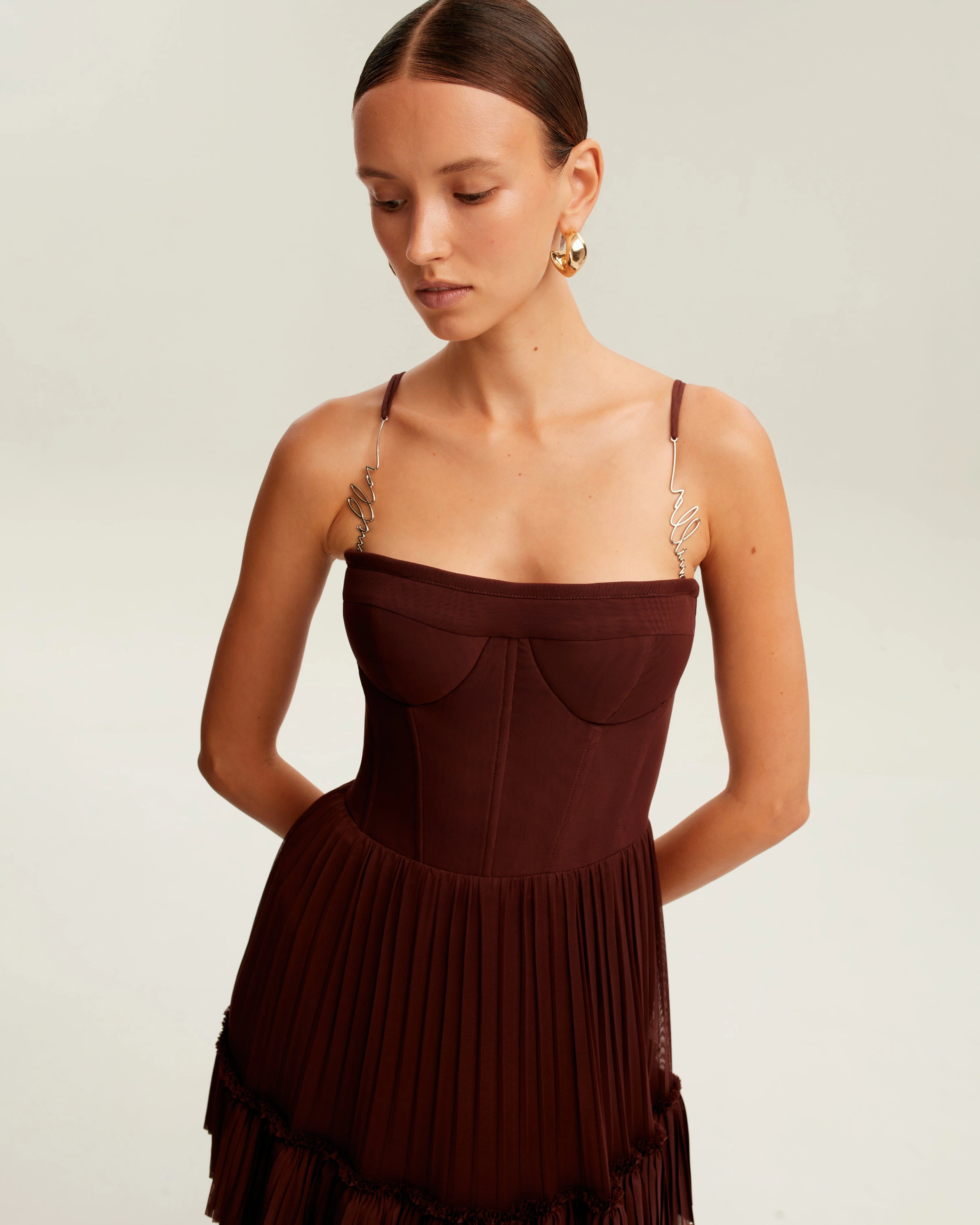Chocolate spaghetti strap pleated maxi dress, Garden of Eden Spaghetti Strap Mini Dress