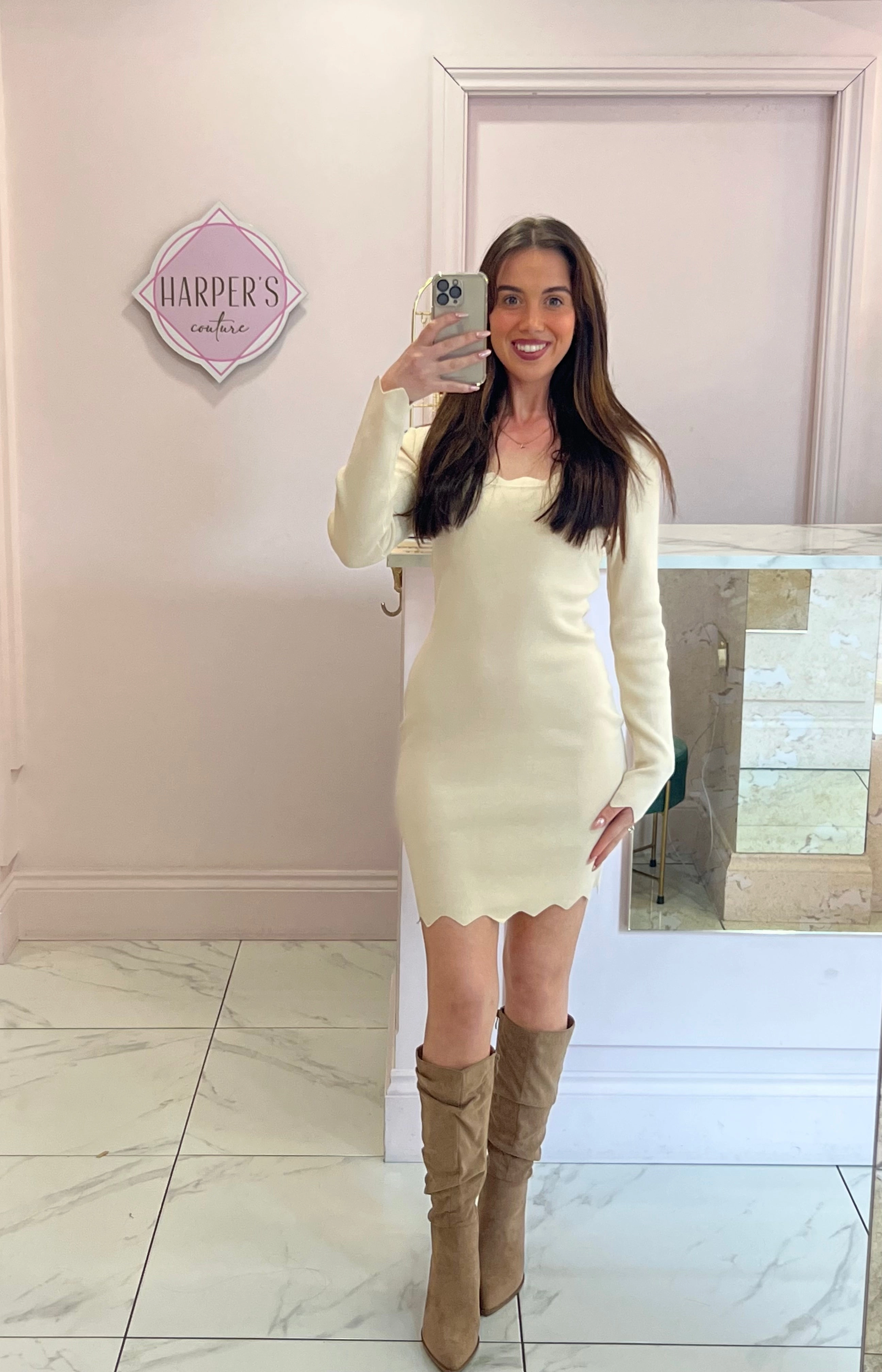 Bronte Cream Long Sleeve Knit Dress Halter Neck Side Split Maxi Dress