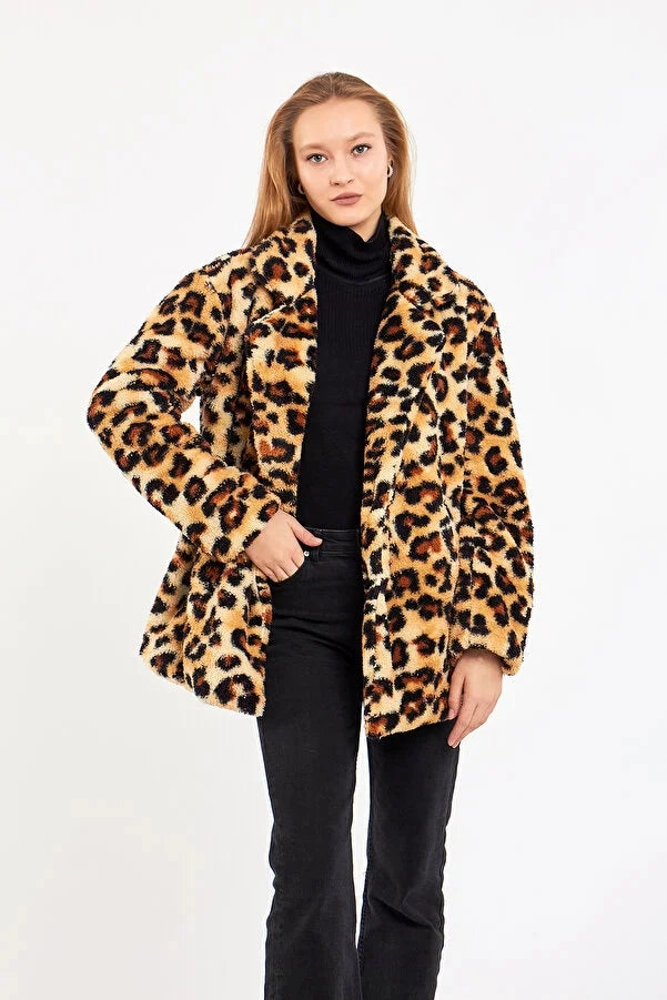 By Gecce Womn's Four Button Plush Lined Leopard Patterned Coat Coats Columbia