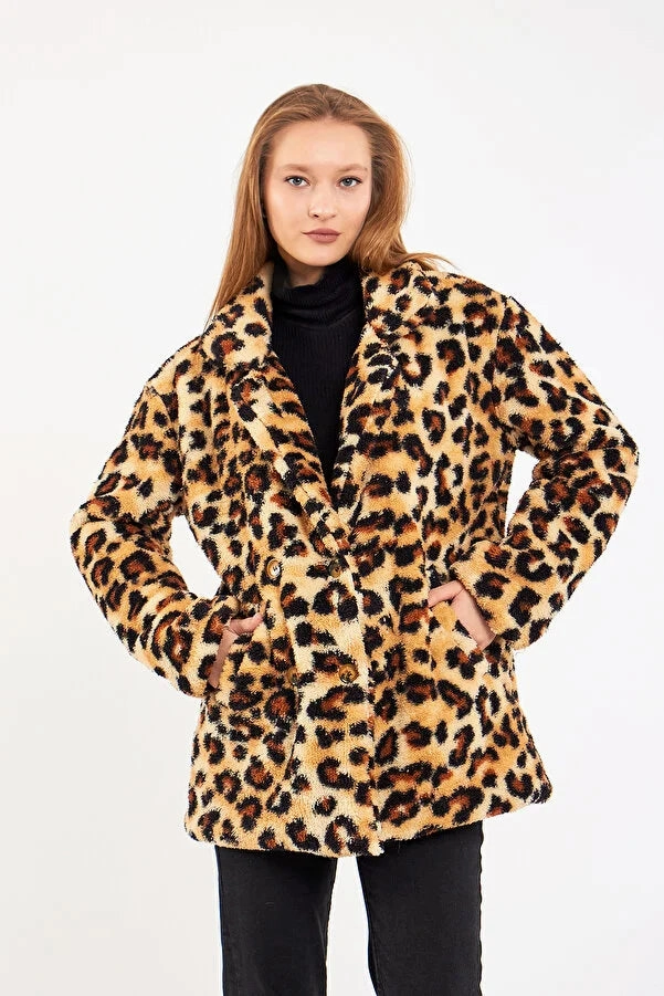 Streetwear Coats By Gecce Womn's Four Button Plush Lined Leopard Patterned Coat