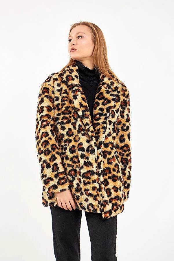 Winter Jackets Coats By Gecce Womn's Four Button Plush Lined Leopard Patterned Coat