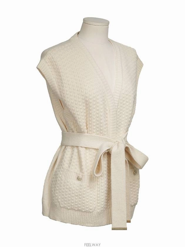 Cashmere sleeveless belted cardigan ivory 36 74344 Chanel Fake Fur Collars For Coats