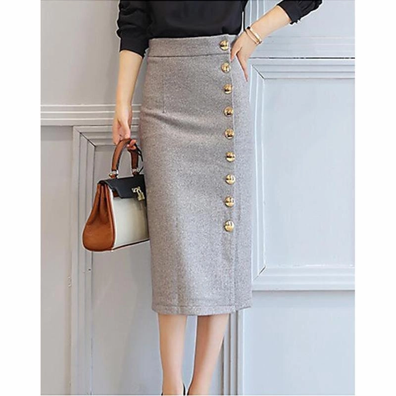 Casual Cotton A Line Side Button Midi Skirts 7 Jean Skirt