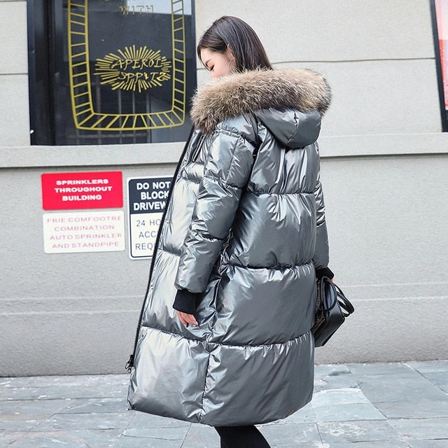 Quilted Jackets For Fall Causal Glossy Silver Down Winter Women's Long Fur Jackets