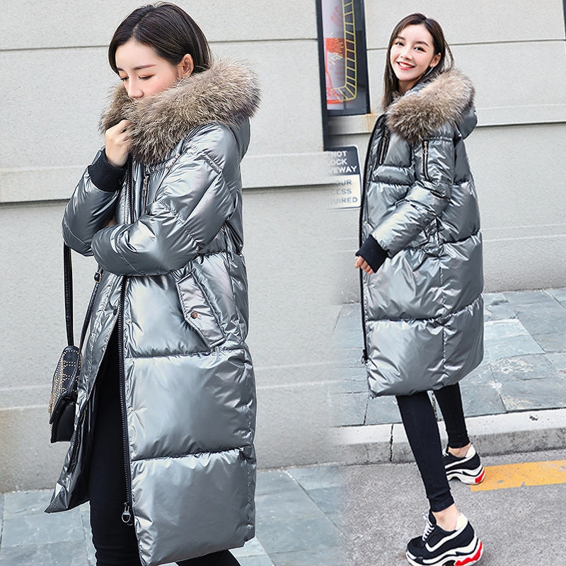 Satin Jackets Tour Causal Glossy Silver Down Winter Women's Long Fur Jackets