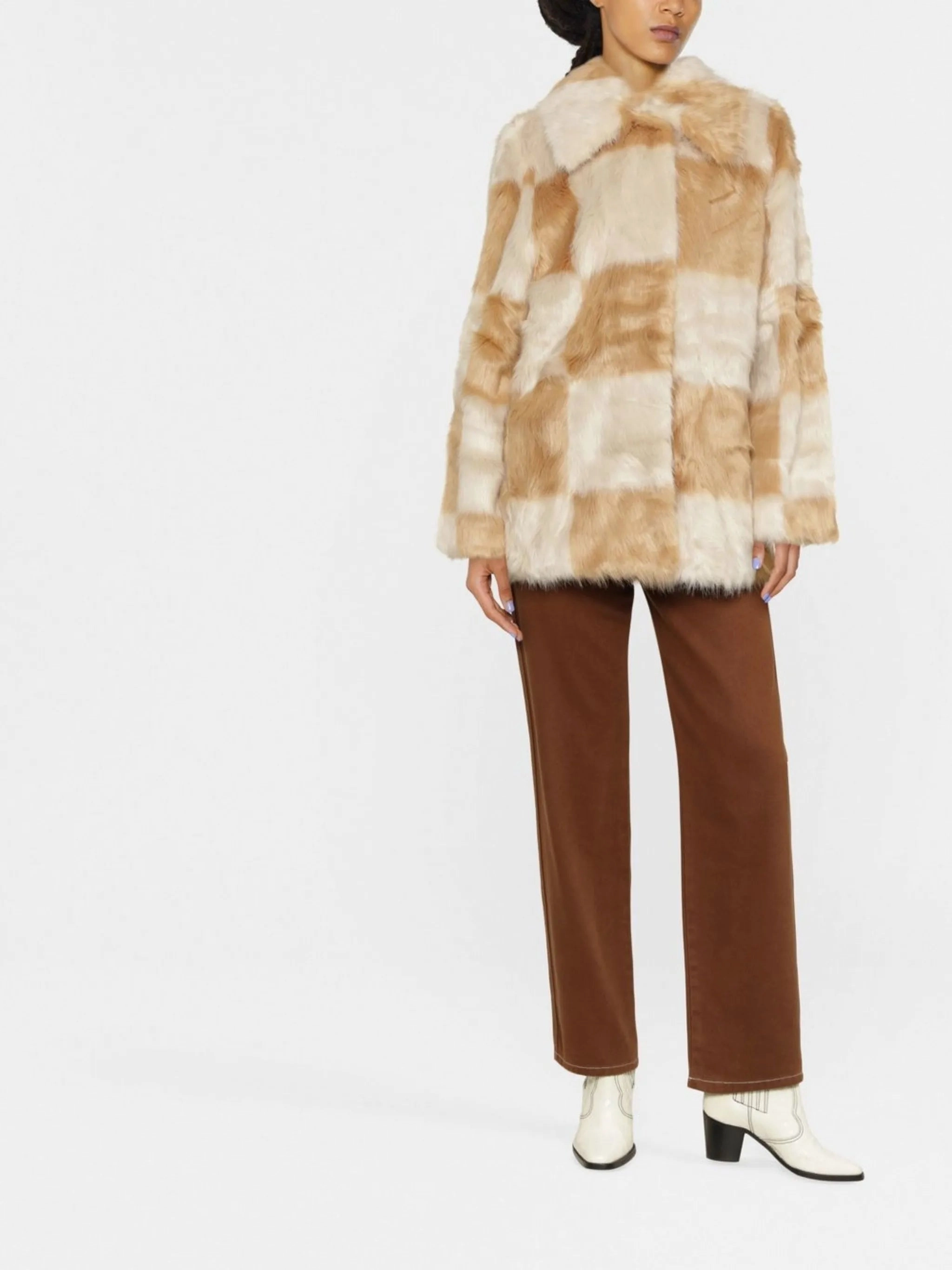Warm Winter check-print faux-fur coat