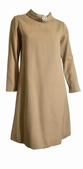 Chic Folded Collar Tan Dress circa 1960s Jeweled Mini Dress