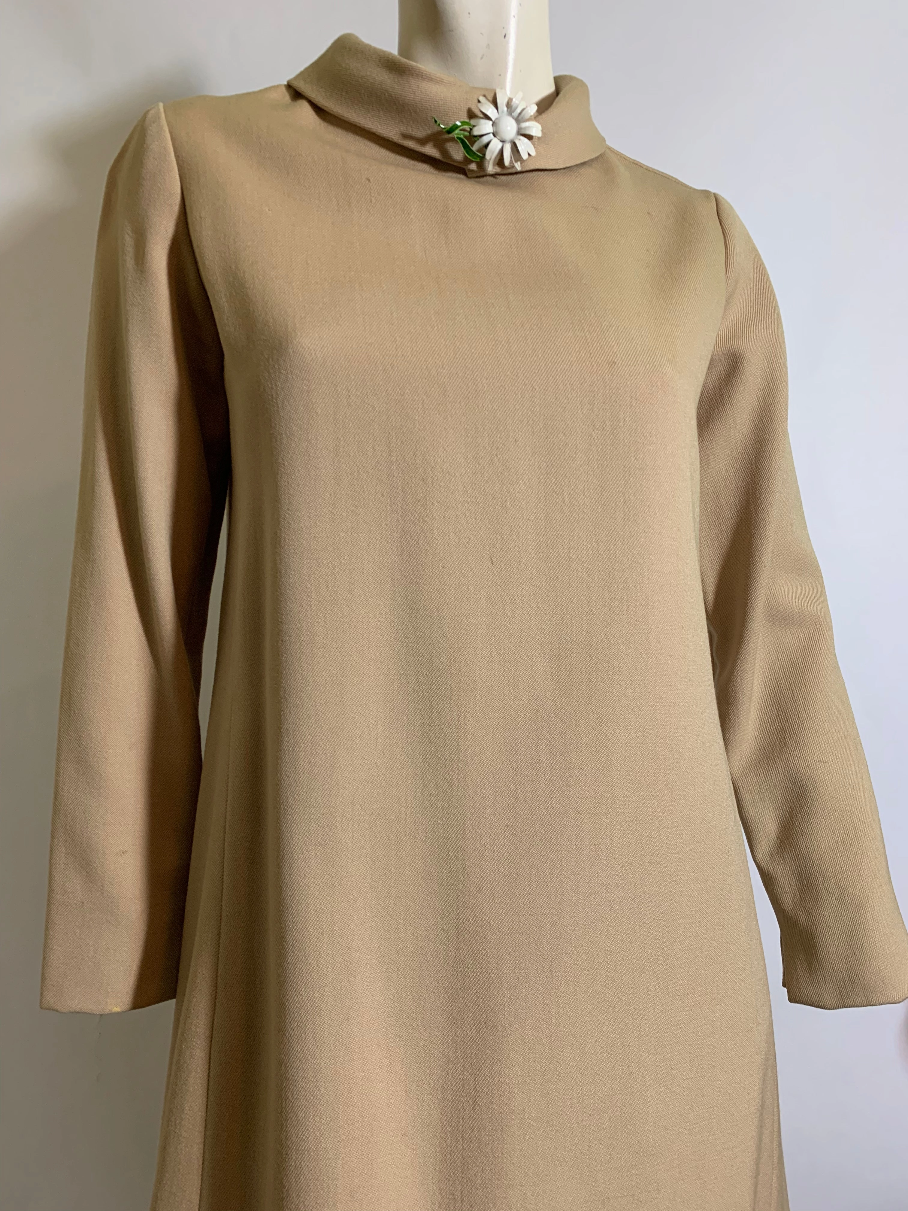 Chic Folded Collar Tan Dress circa 1960s 50s Mini Dress
