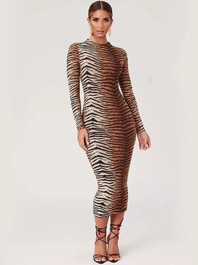 Chic Sheath Midi Dress with High Neck and Bold Stripes Attire Midi Dress