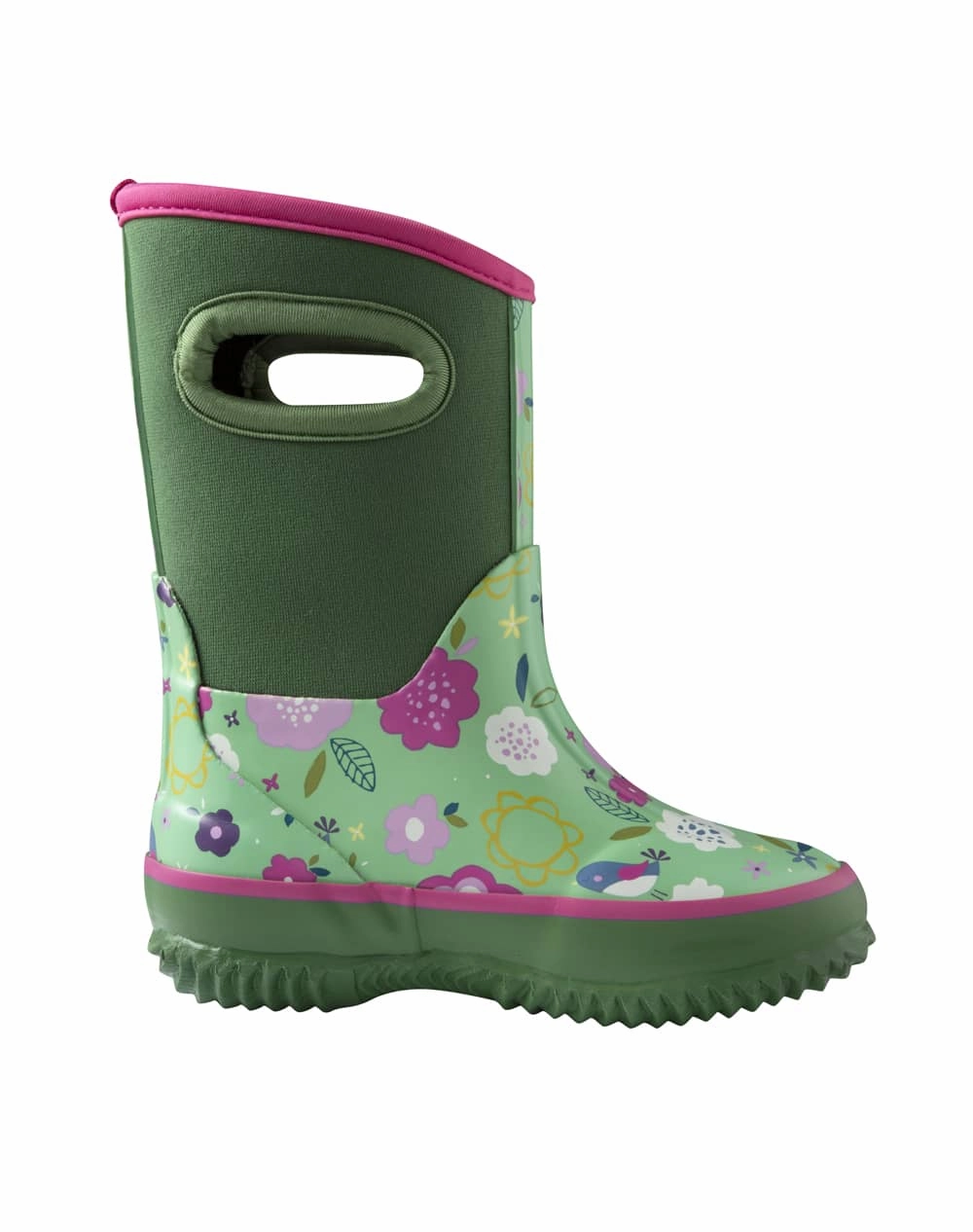CHILDRENS NEOPRENE RAIN/SNOW BOOTS, GREEN FLORAL Insulated Snow Boots Waterproof