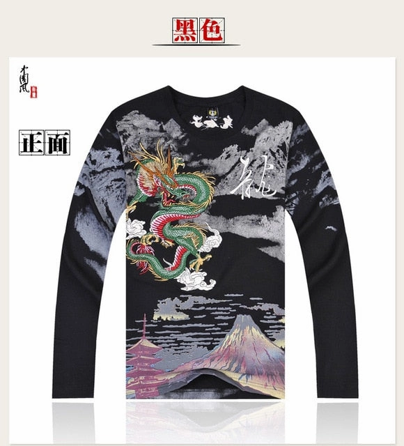 China National Wind Dragon embroidery shirts, tops for Summer, New-arrival, long sleeve High-quality cotton t-shirt Oversized Cotton T Shirts
