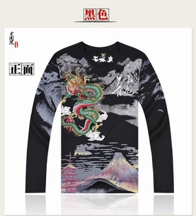 Funny Hilarious T Shirts China National Wind Dragon embroidery shirts, tops for Summer, New-arrival, long sleeve High-quality cotton t-shirt