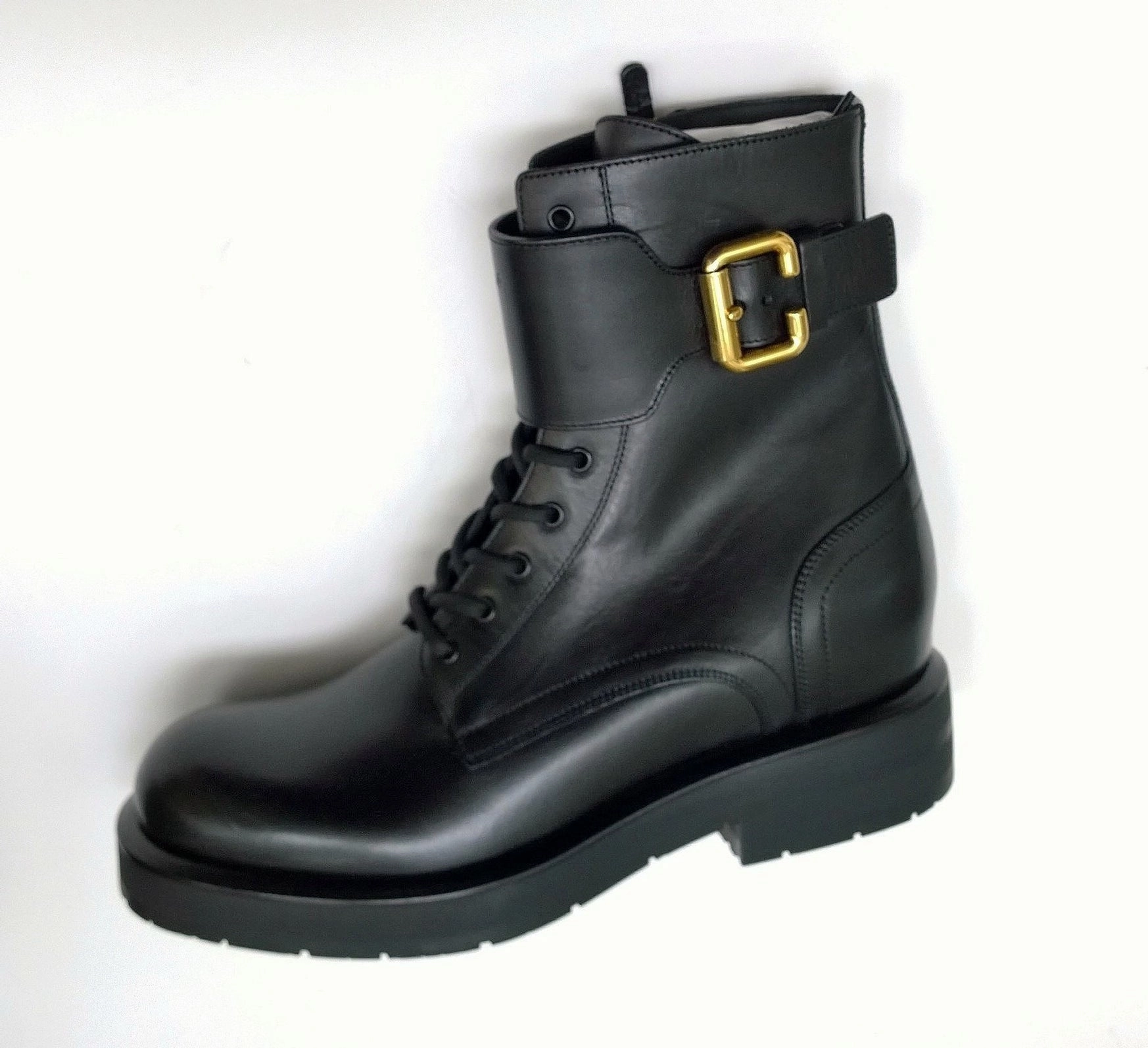 Ankle Boots Peep Toe Chlo Coddington Black Leather Ankle Boots with Logo Detail Buckle New in Box Hidden Platform Heels