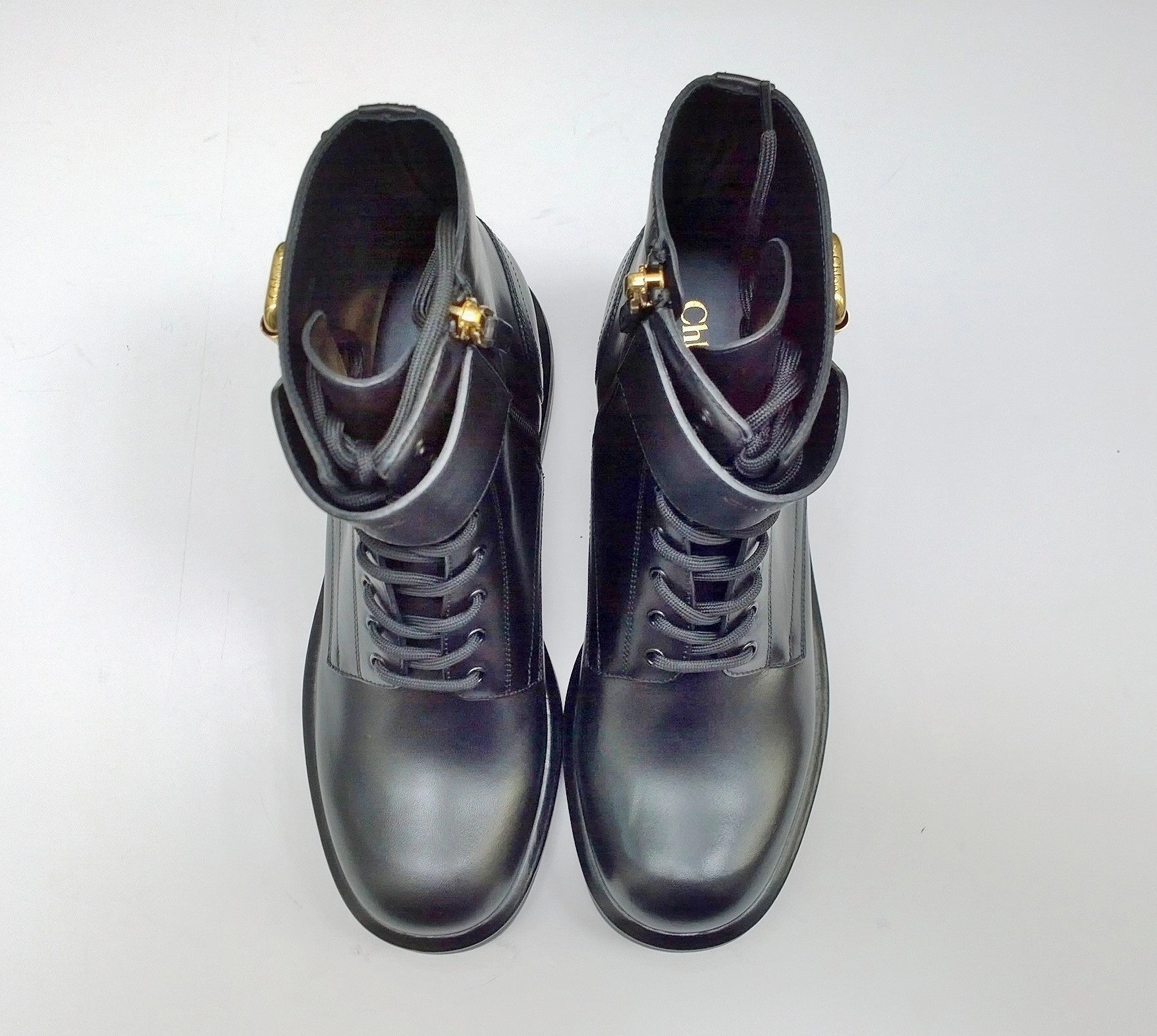 Chlo Coddington Black Leather Ankle Boots with Logo Detail Buckle New in Box Hidden Platform Heels Ankle High Rain Boots