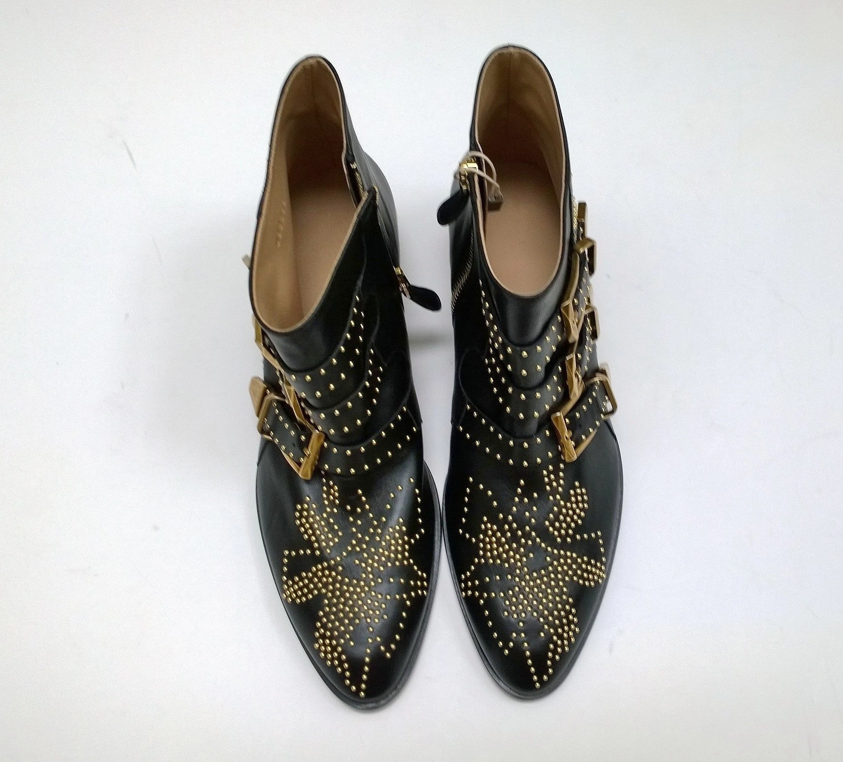 Chlo Susanna Black Leather Ankle Gold Studs Buckle Boots Studded New in Box Leather Zip Up Ankle Boots