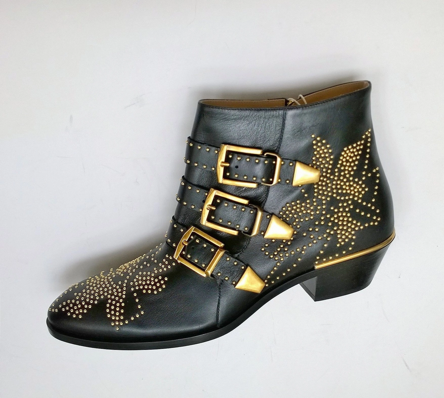 Chlo Susanna Black Leather Ankle Gold Studs Buckle Boots Studded New in Box Ankle Boots Luxury
