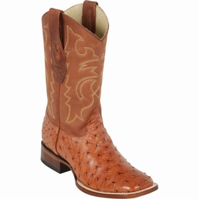 Tony Lama Ostrich Boots Men's Los Altos Ostrich Skin Wide Square Toe Boots - Brandy