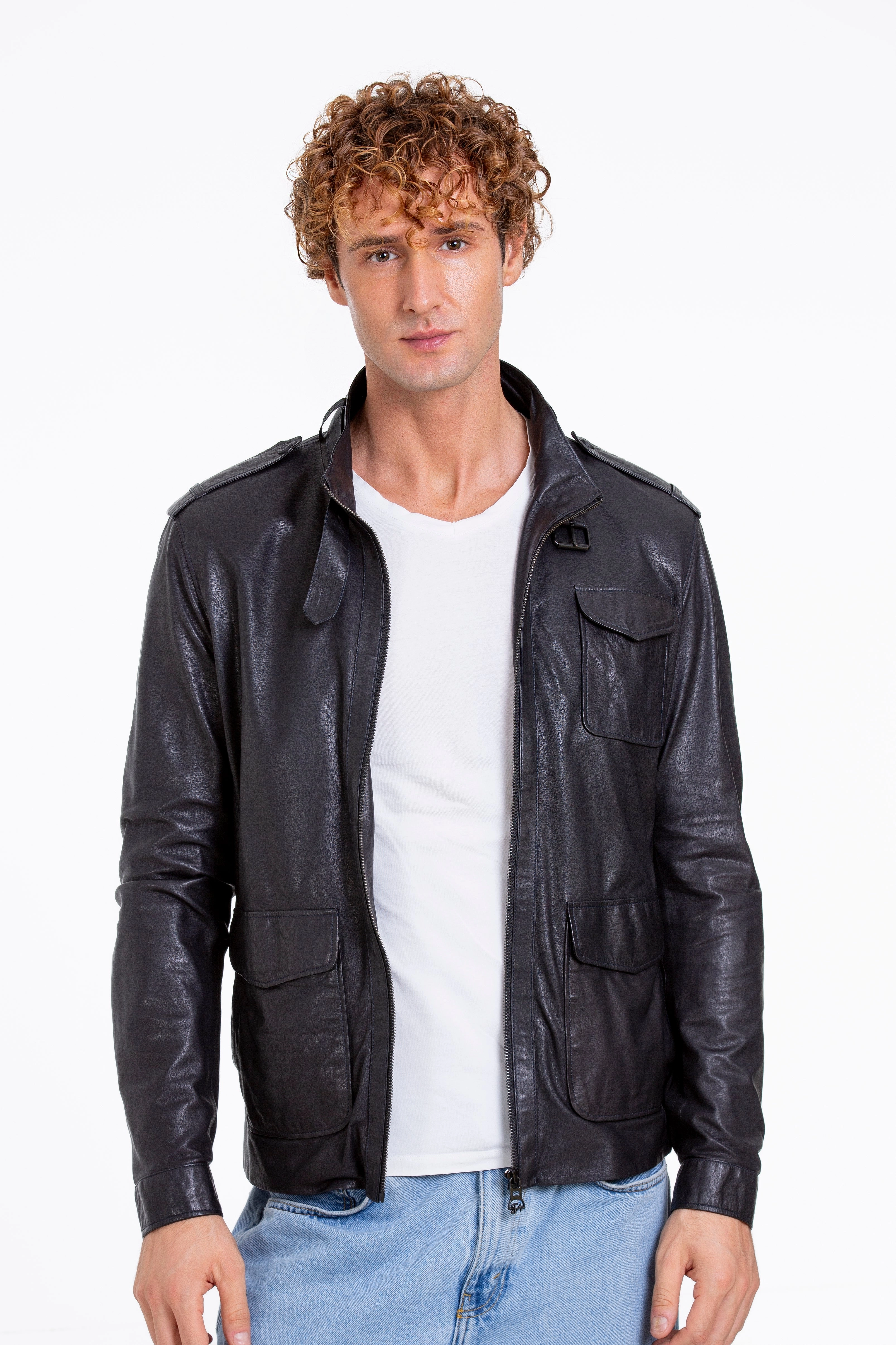 The Karabanchel Navy Blue Leather Men Jacket Warm Winter Jackets