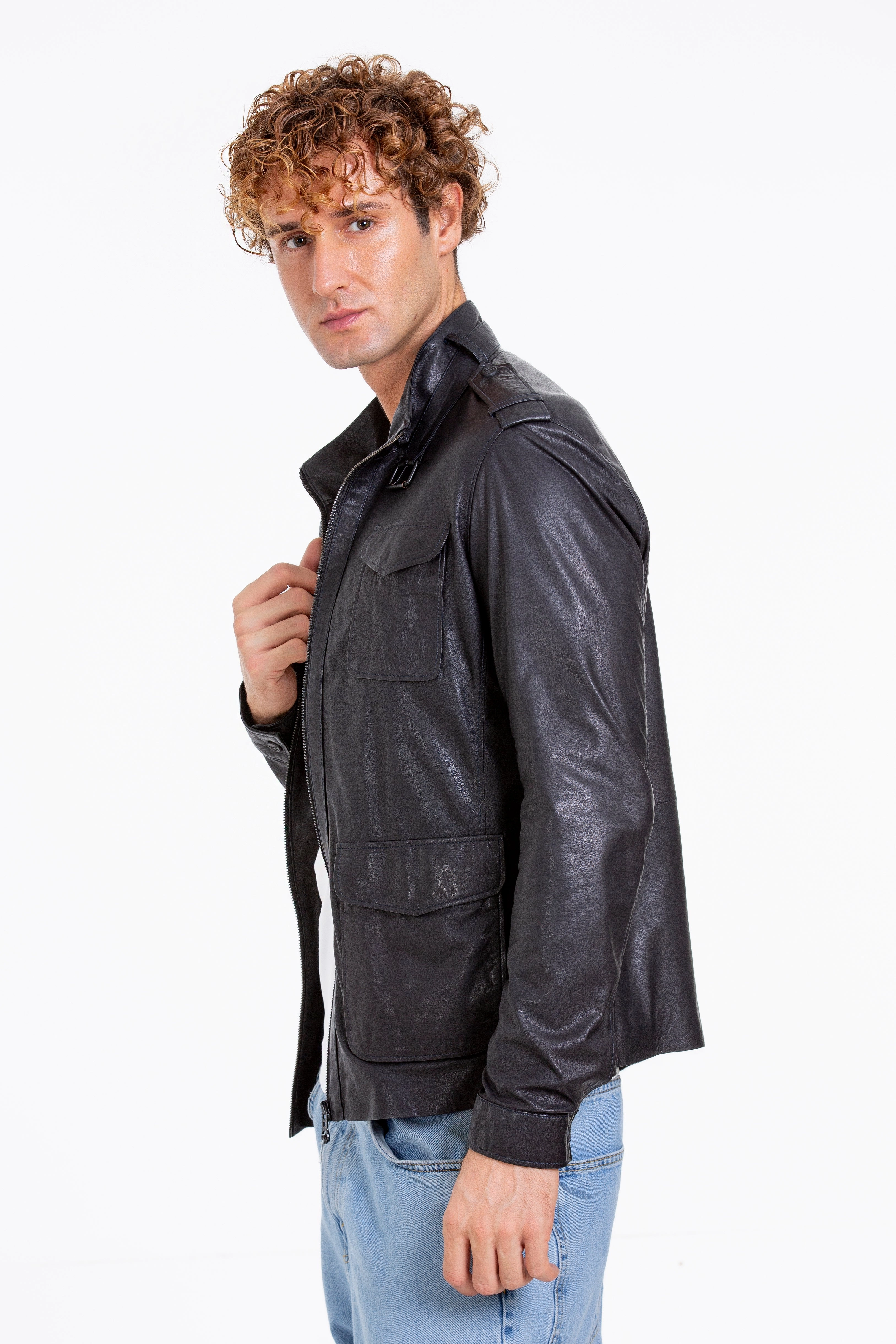 Plus Size Jackets And Coats The Karabanchel Navy Blue Leather Men Jacket
