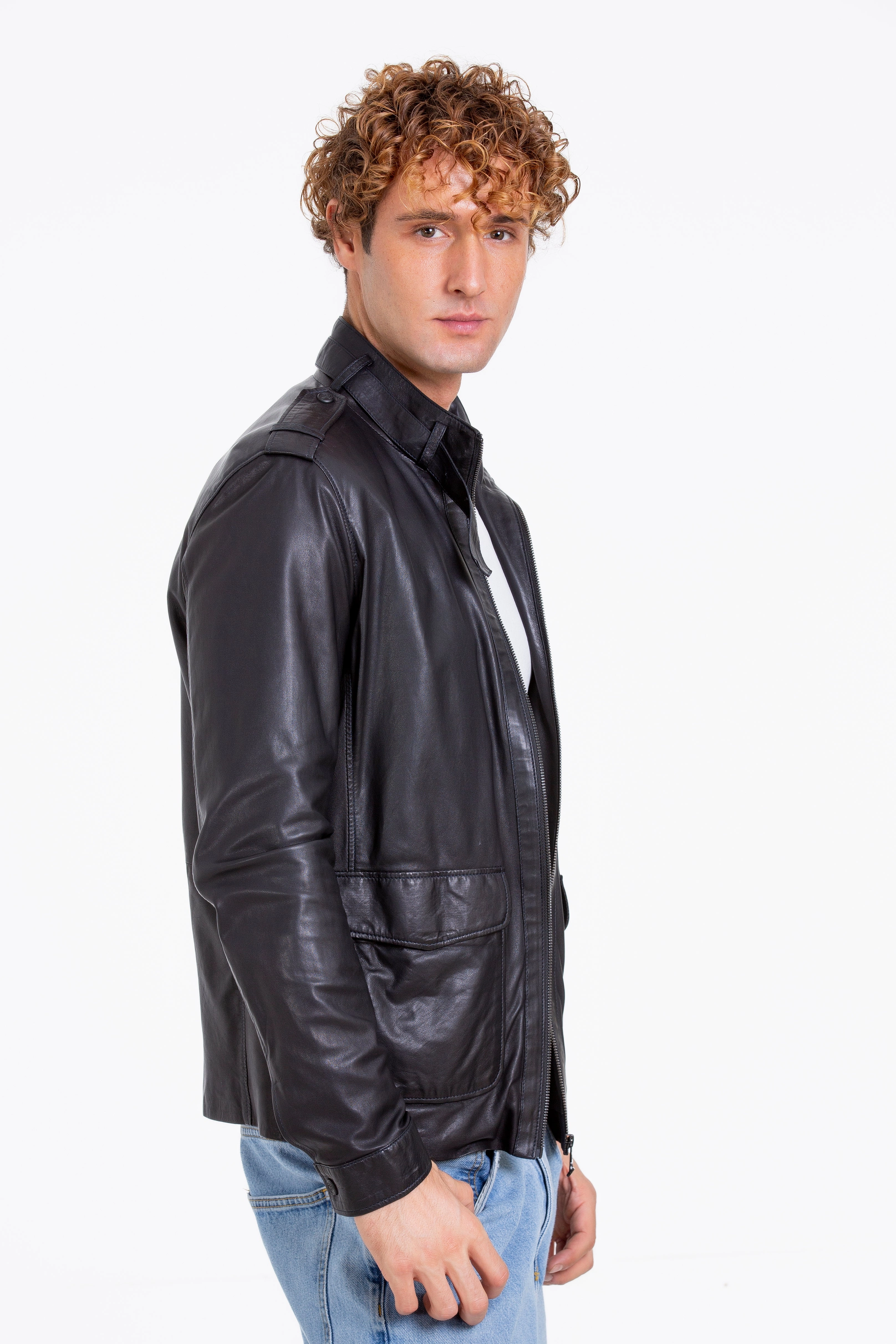 The Karabanchel Navy Blue Leather Men Jacket Breaker Jackets