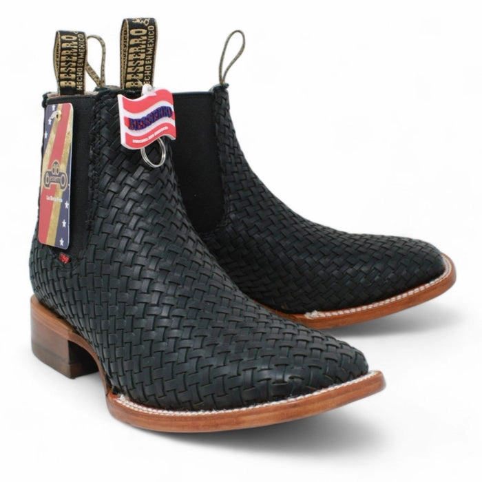 El Besserro Men's Petatillo Leather Square Toe Ankle Boots Black Boots For Men Outfit