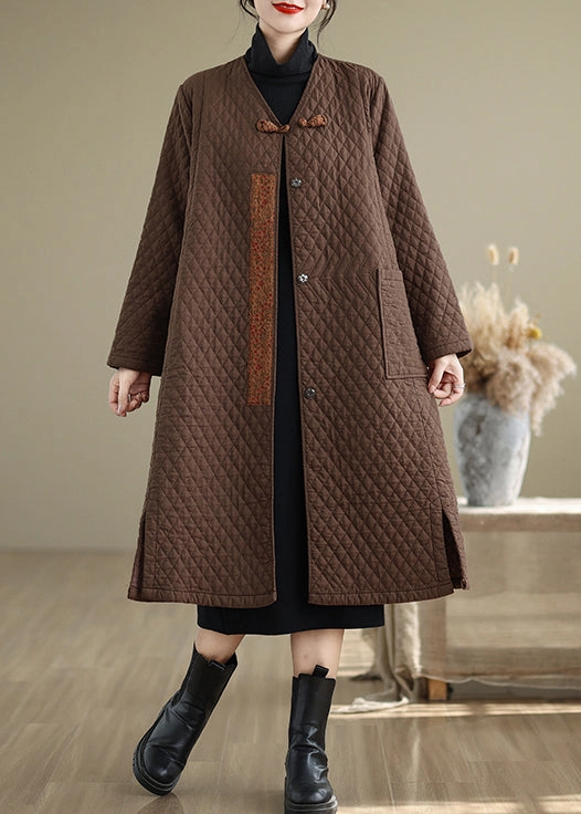 Coffee Pockets Fine Cotton Filled Women Retro Coats V Neck Winter RU019 Lightweight Warm Coats