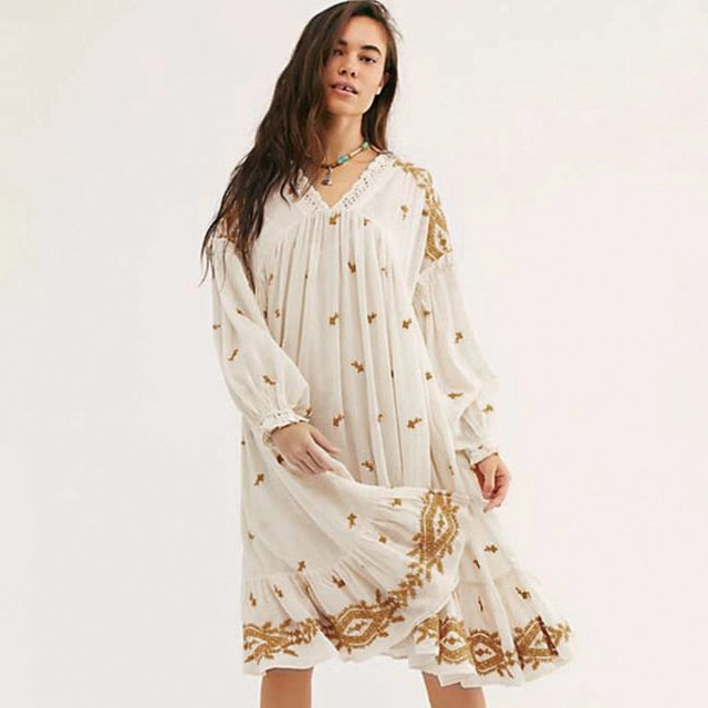 Midi Dress Bodycon Lavender Fields Midi Dress Red Or Off White Embroidered Boho Flared Loose Long Peasant Sleeves Romantic Lace V Neck Available In Small Medium Large Or Extra Large XL