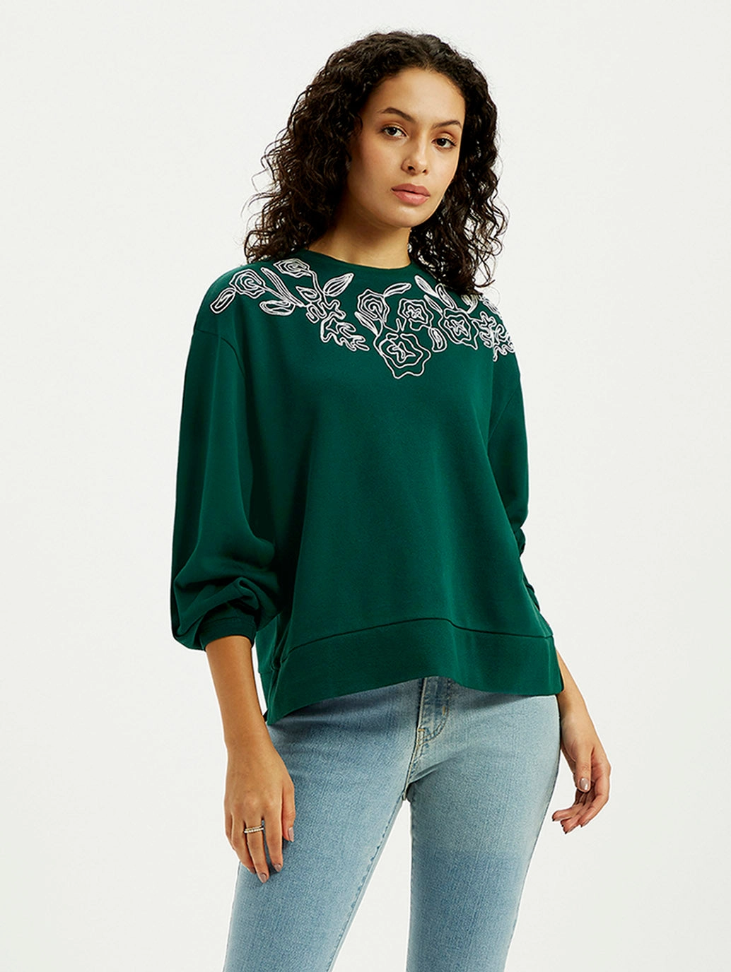 Women's Embroidered Dark Green Crew Neck Sweatshirt Bike Sweatshirts