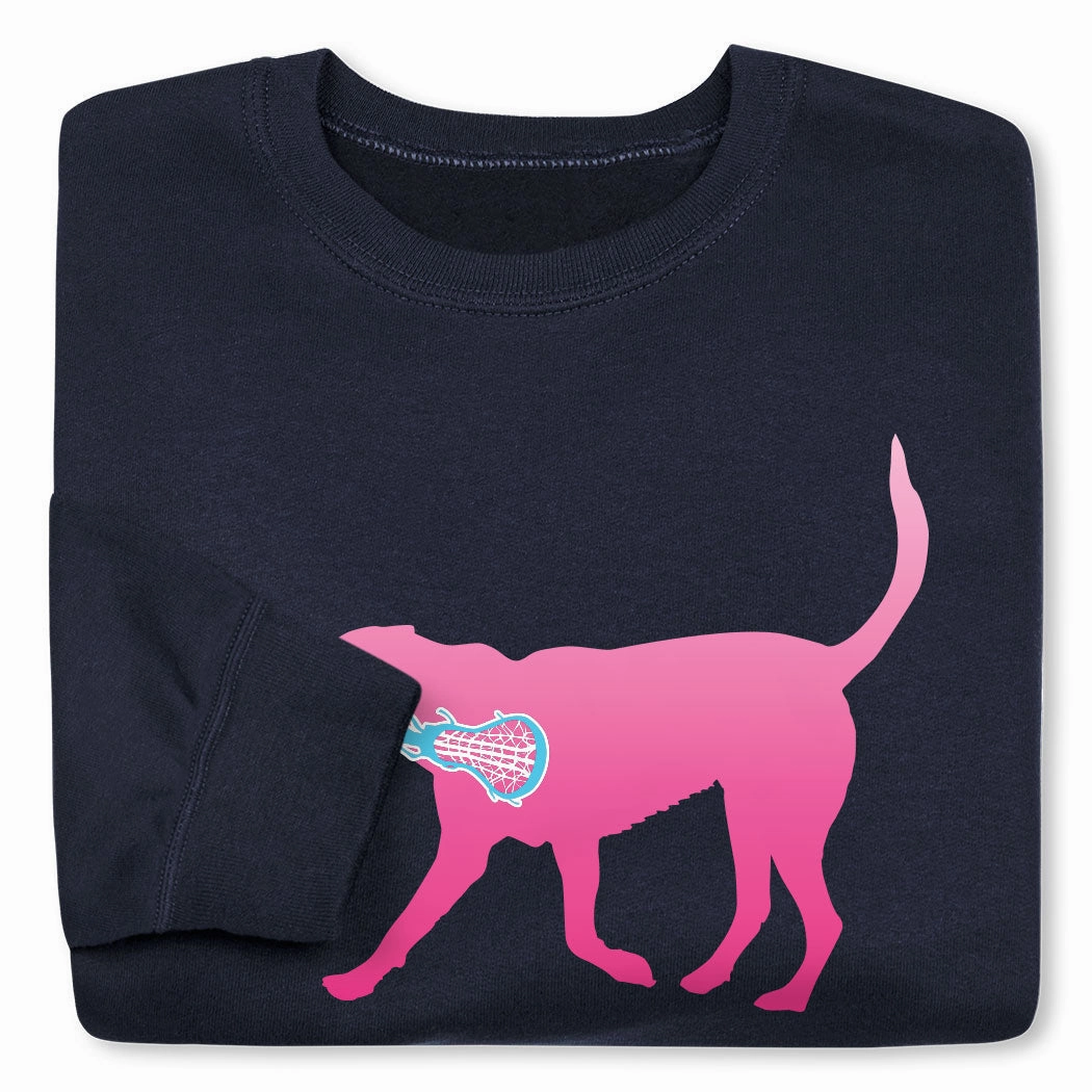 Grey Sweatshirts Near Me Girls Lacrosse Crewneck Sweatshirt - LuLa the LAX Dog (Pink)