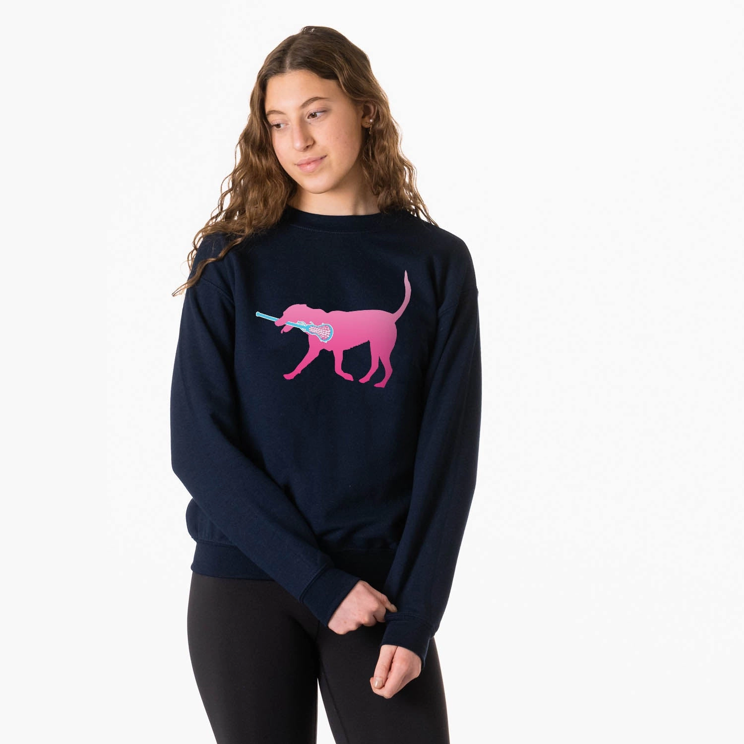 Girls Lacrosse Crewneck Sweatshirt - LuLa the LAX Dog (Pink) Oversized
