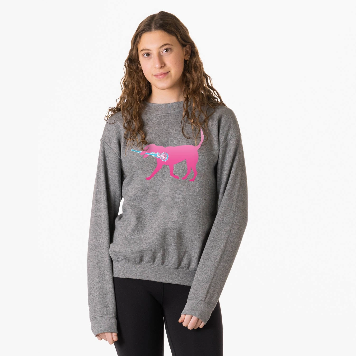 Zip Up Hooded Sweatshirts Girls Lacrosse Crewneck Sweatshirt - LuLa the LAX Dog (Pink)
