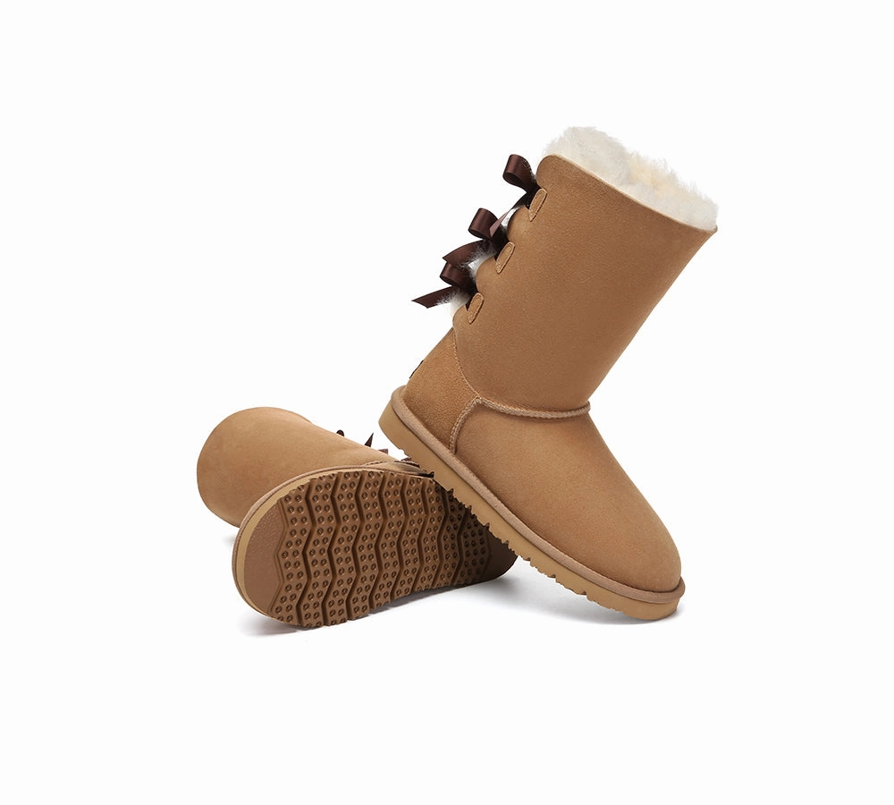 Vegan Winter Boots AUSTRALIAN SHEPHERD UGG Boots Women Double faced Sheepskin Wool Tall Back Bow
