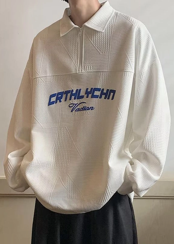 Old Sweatshirts Cotton TC034 Sweatshirts Loose Polo White Letter Zippered Men Spring