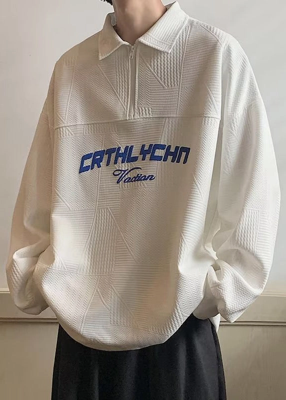 Cotton TC034 Sweatshirts Loose Polo White Letter Zippered Men Spring