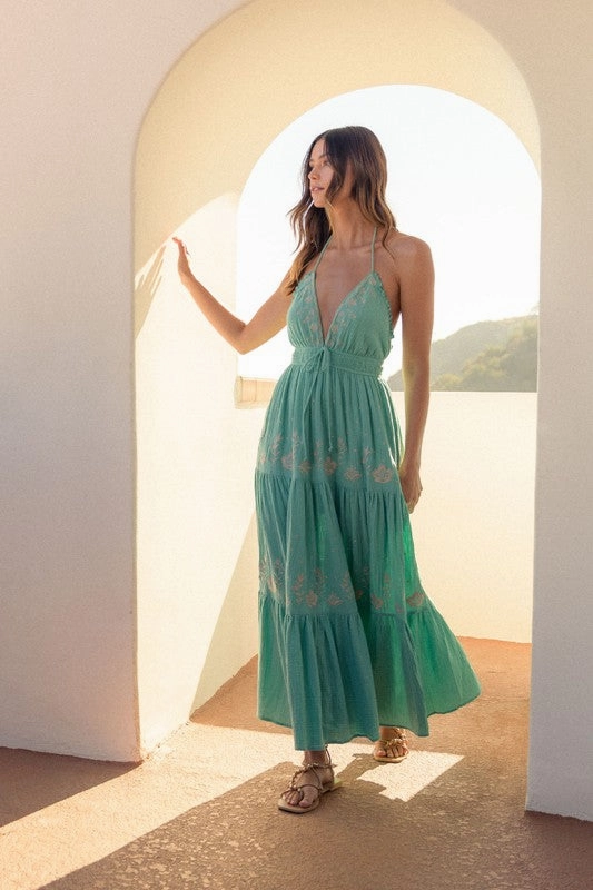 Seagreen Gauze Floral Embroidered Maxi Dress Satin Maxi Dress Cowl Neck