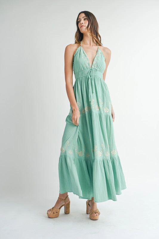 Crochet Maxi Dress With Flowers Seagreen Gauze Floral Embroidered Maxi Dress