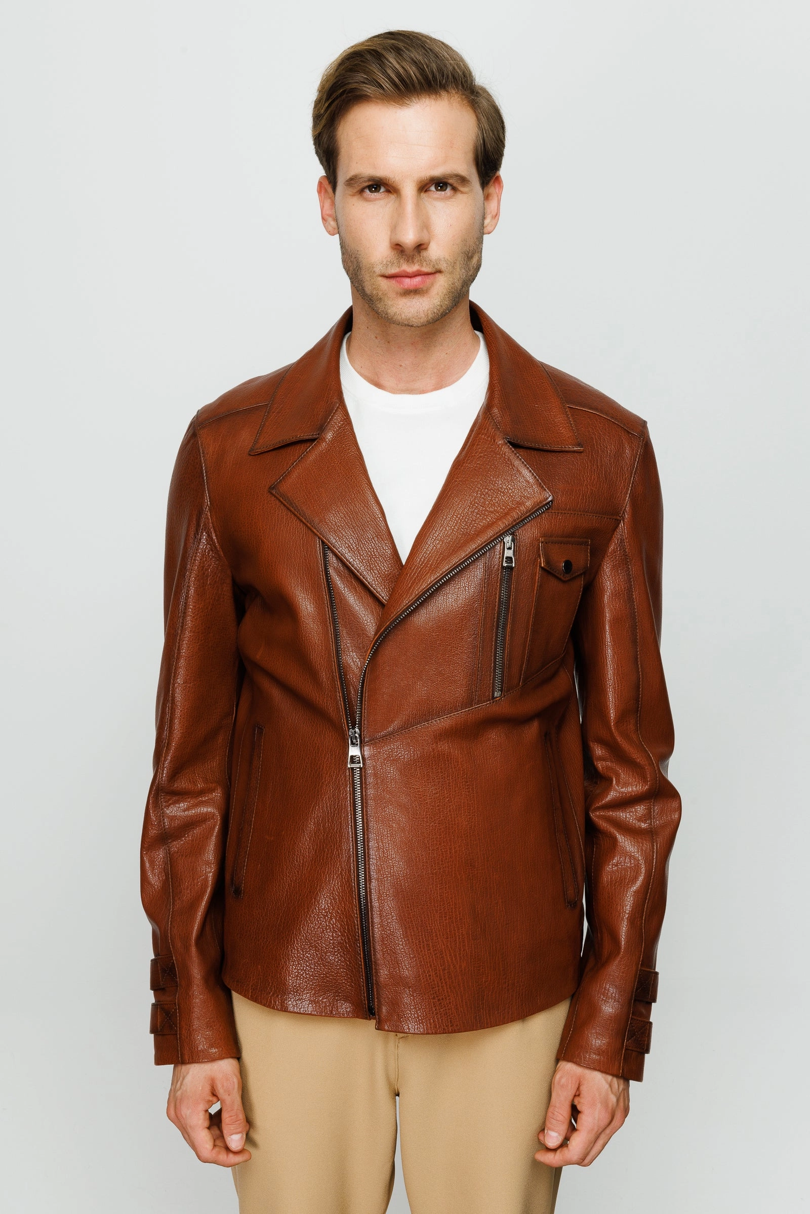 The Monola Tan Leather Men Jacket Flannel Shirt Jackets
