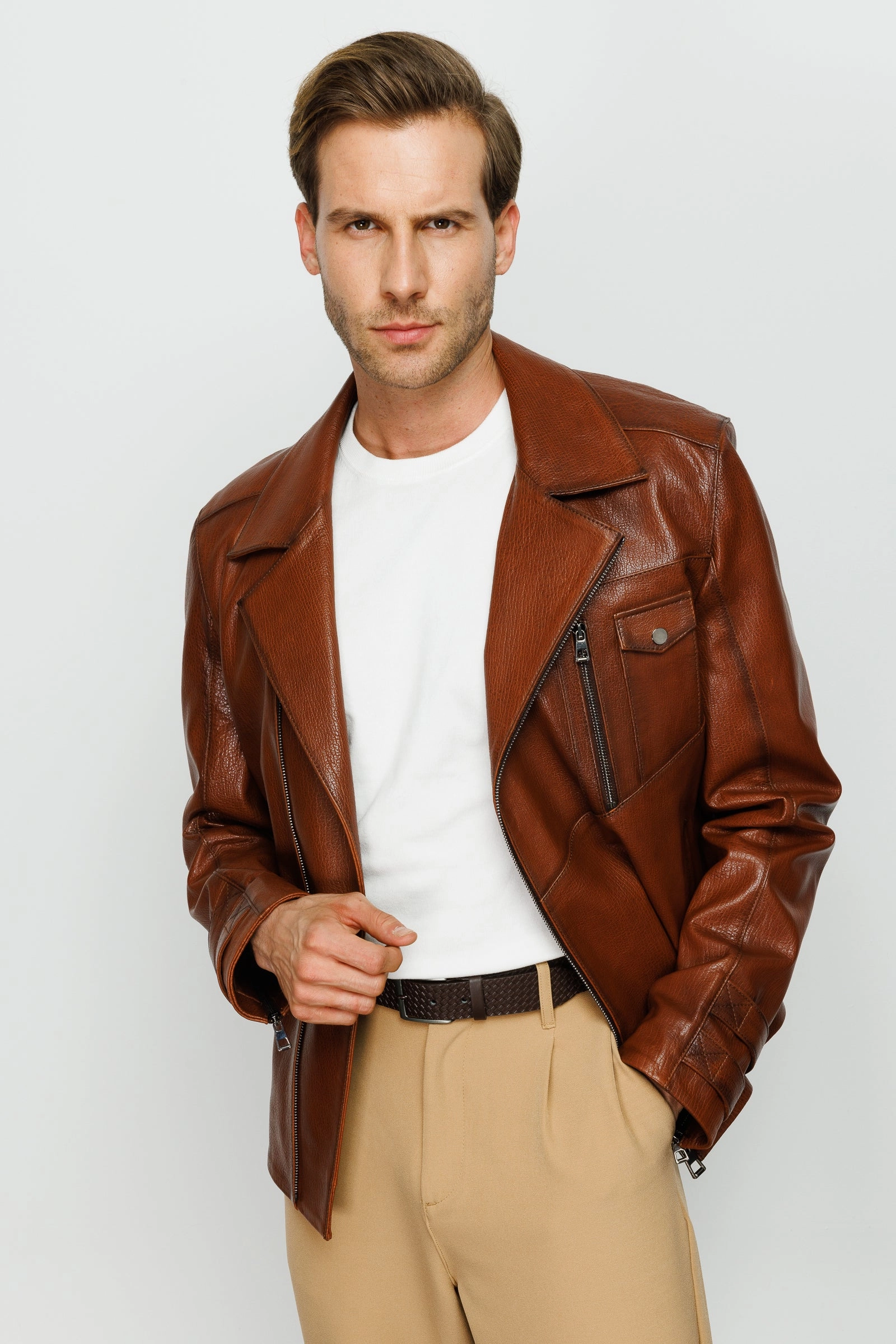 The Monola Tan Leather Men Jacket Down Coats And Jackets