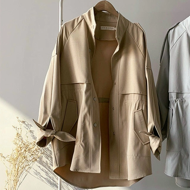 Roots Leather Coats Fashion Trench Coats Female Spring Windbreaker Drawstring Coats Casual Loose Safari Clothes Stand Collar