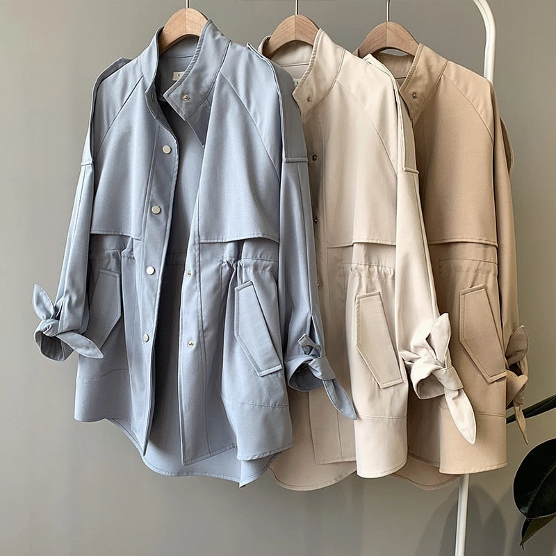 Fashion Trench Coats Female Spring Windbreaker Drawstring Coats Casual Loose Safari Clothes Stand Collar Feather Down Coats