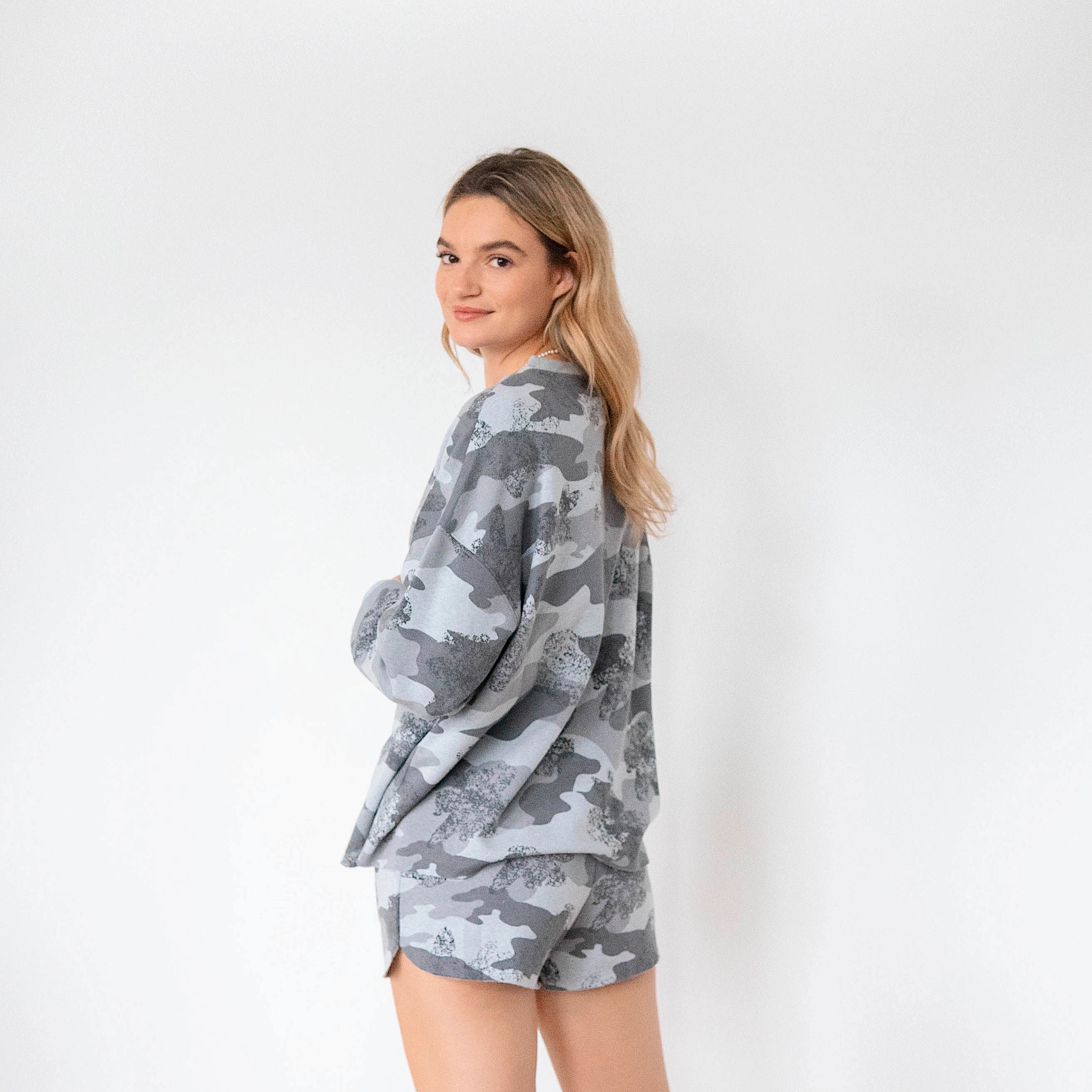 Ladies' Grey Mix Camo Comfortwear Collection Shorties Custom Screen Printed Sweatshirts