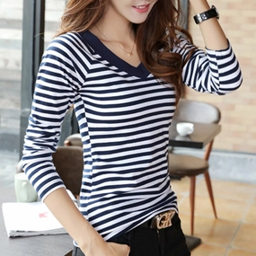 T-Shirt Women 2019 Four Seasons New Top Shirts Long sleeve T-shirt Striped Female Browning T Shirts