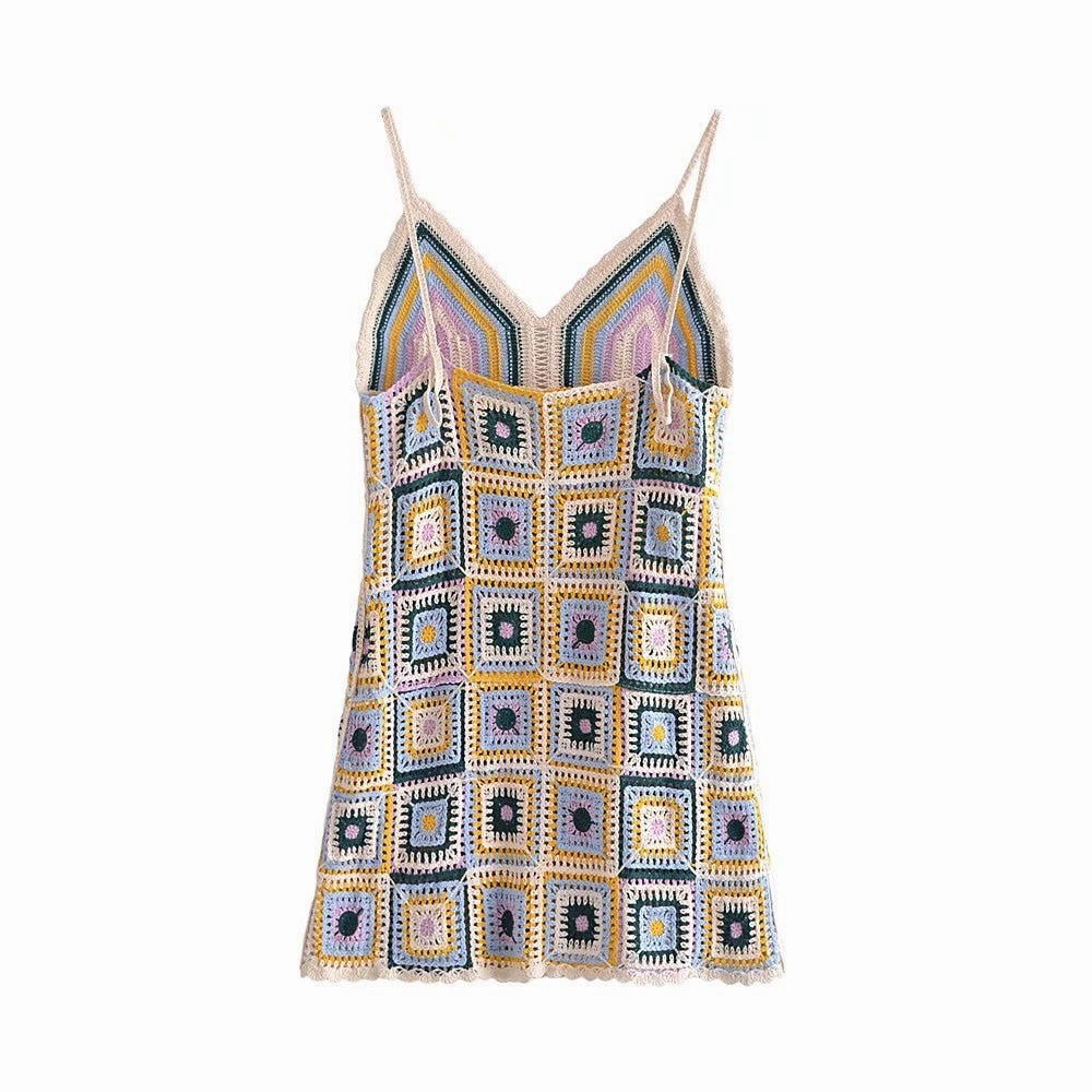 Granny Square Mini Dress Cami Straps Handmade Crochet Pastel Colors White Lavender Baby Blue Forest Green And Golden One Size Lace Monsteras Mini Dress